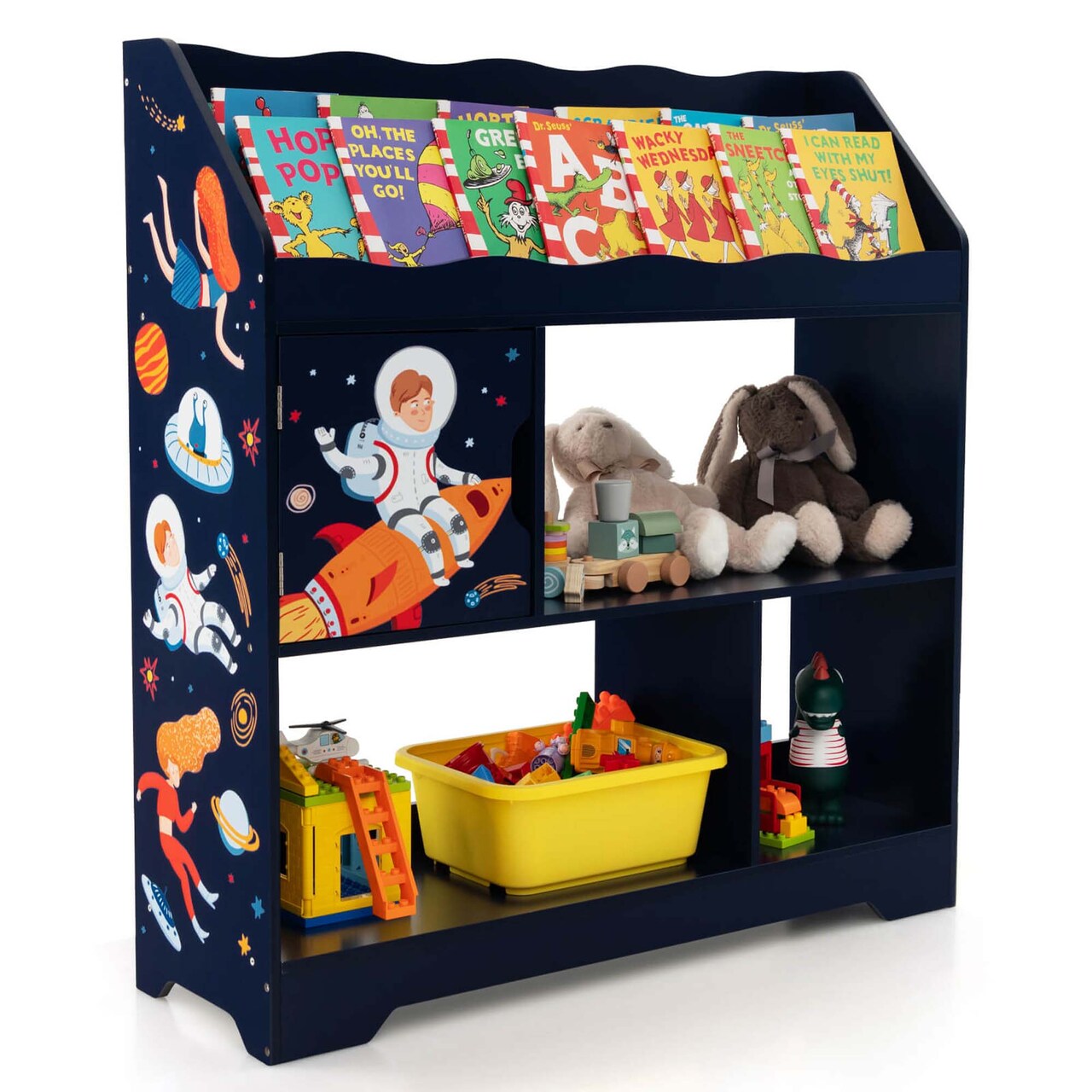 Costway Toy Storage Organizer 3-In-1 Kids Toy Shelf with Book Shelf, Storage Cabinet White/Blue